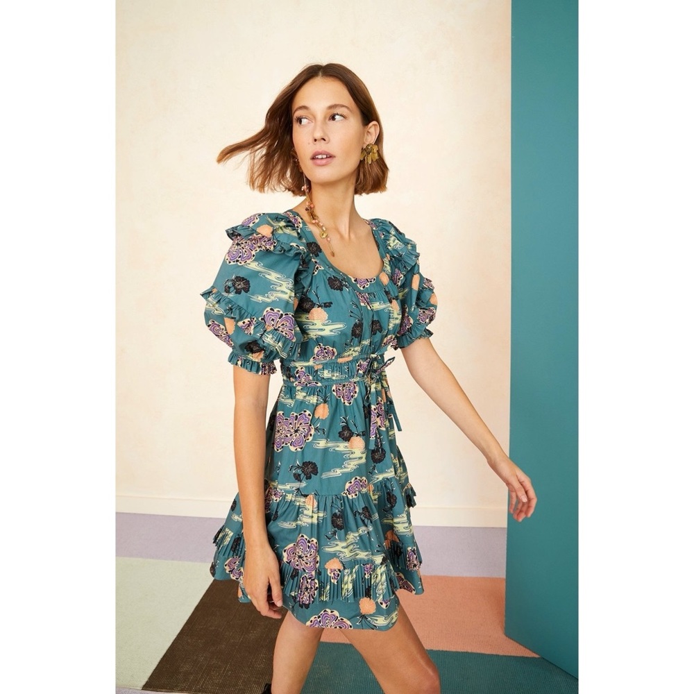 Ulla Johnson Teal Floral Mini Dress with Pink & Black Accents
